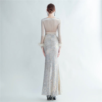 Ostrich Beaded Velvet Side Split Formal Dress
