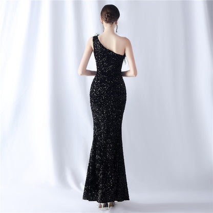 Ostrich Velvet Bottom One Shoulder Formal Dress