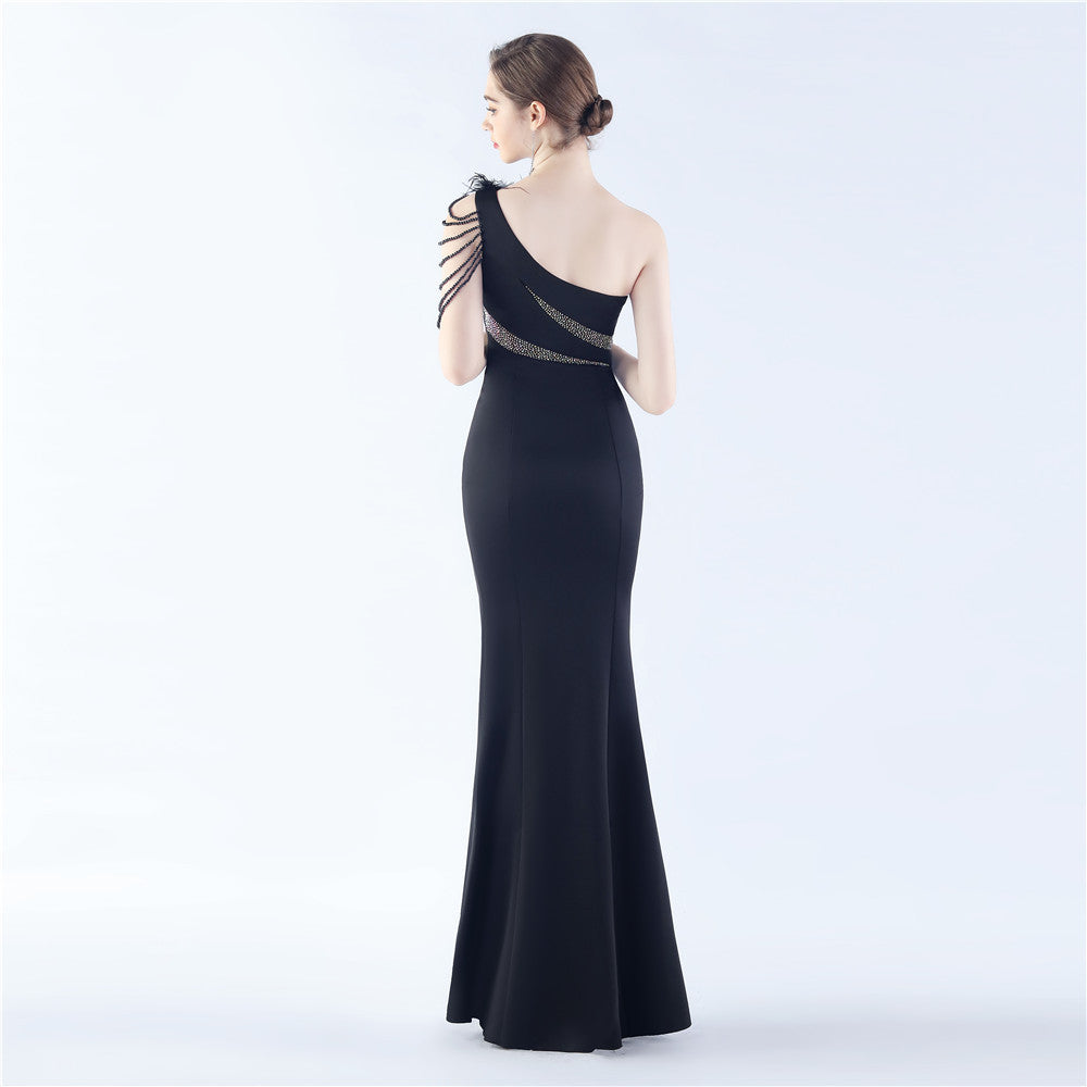 Fur Slant Neck One Shoulder Formal Dress