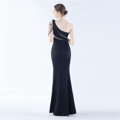 Fur Slant Neck One Shoulder Formal Dress