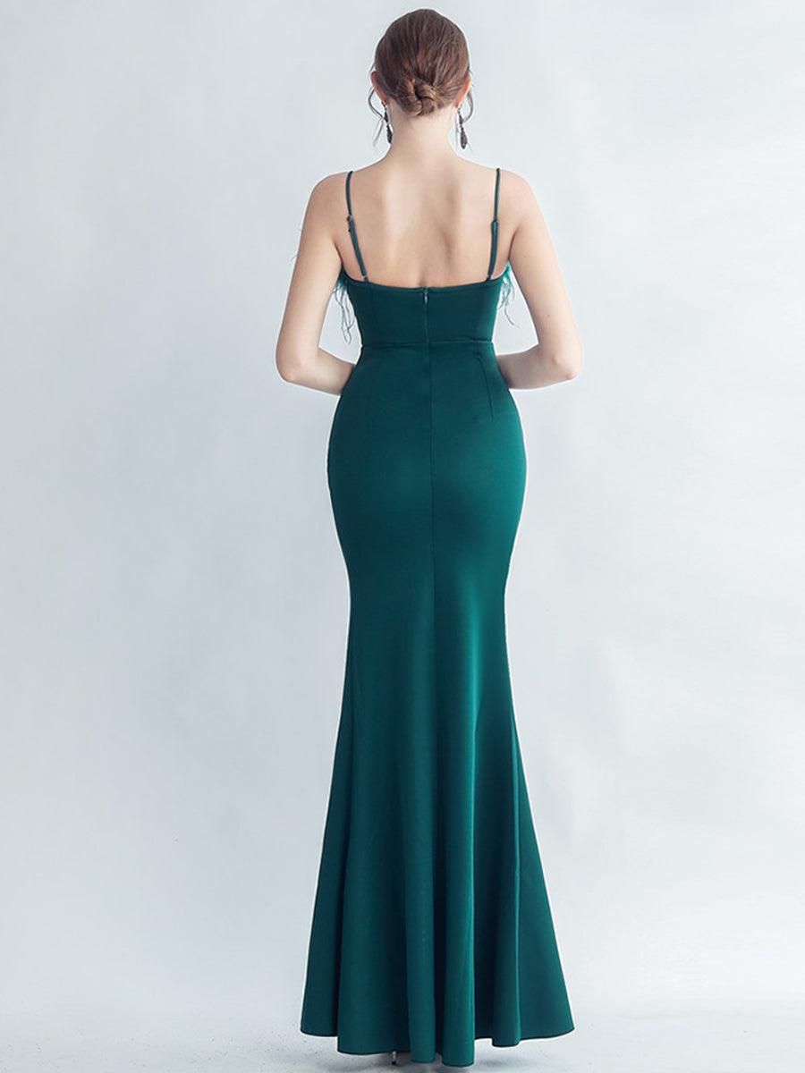 Feather Spaghetti Rhinestone Formal Dress