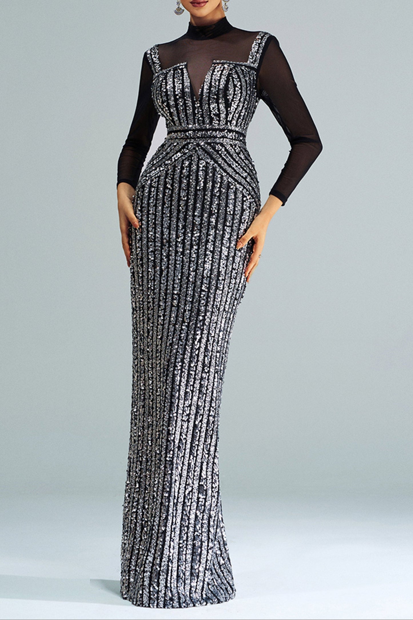 Stand Collar Sequin Panel Long Sleeve Prom Dress