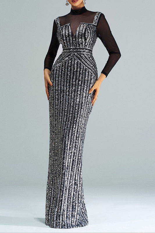 Stand Collar Sequin Panel Long Sleeve Prom Dress
