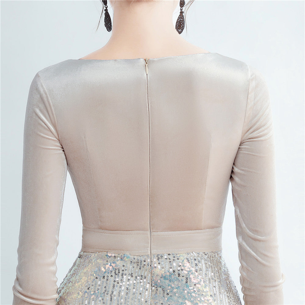 Ostrich Beaded Velvet Side Split Formal Dress