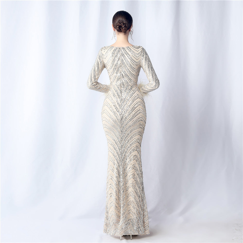 Ostrich Fur Long Sleeve Formal Dress