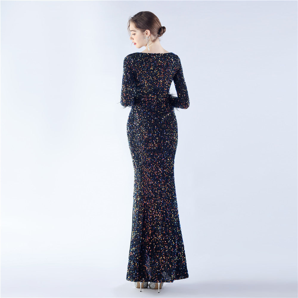 Ostrich Fur Long Sleeve Formal Dress
