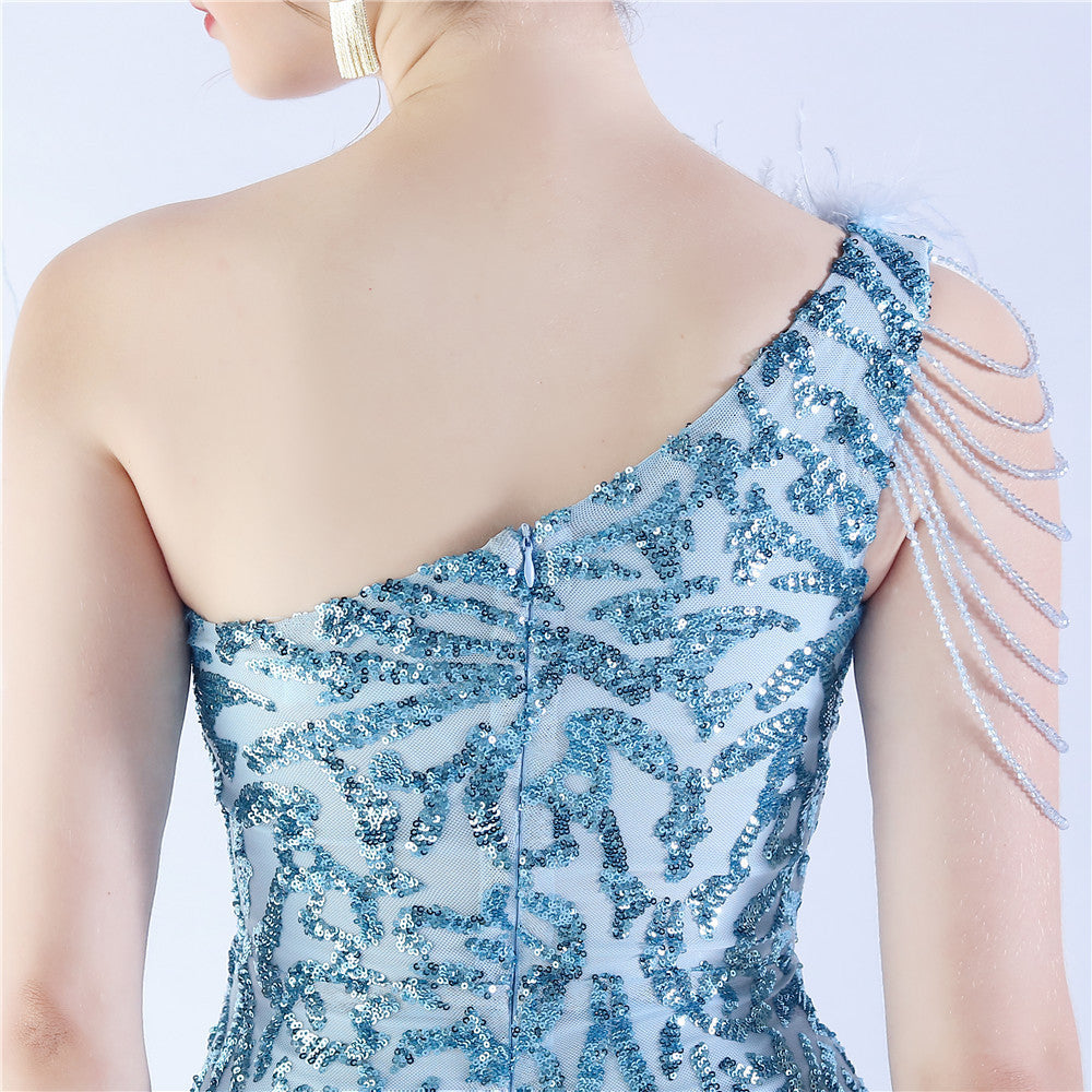 Fur Slant Neck One Shoulder Formal Dress