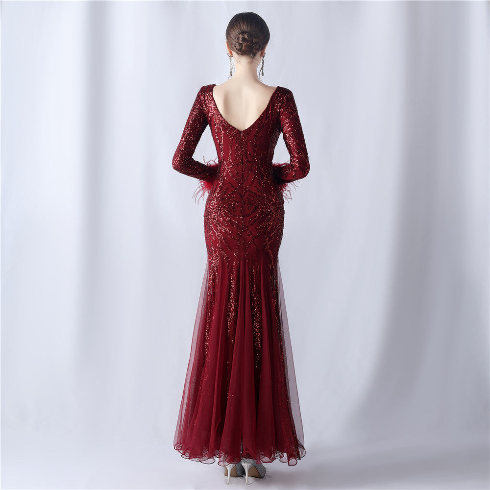 Ostrich Fur Mesh Beaded Formal Dresses