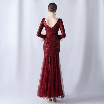 Ostrich Fur Mesh Beaded Formal Dresses