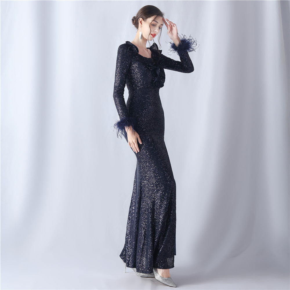 Ostrich Wave Beaded Formal Dress