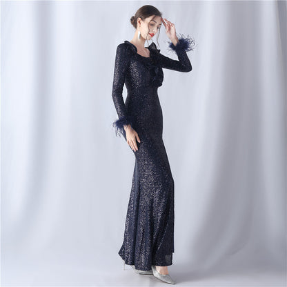 Ostrich Wave Beaded Formal Dress