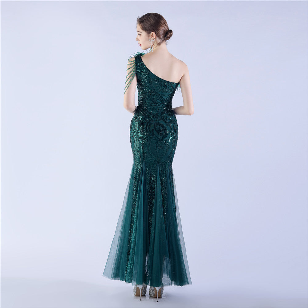 Beaded and Ostrich Fur Sequined Formal Dress