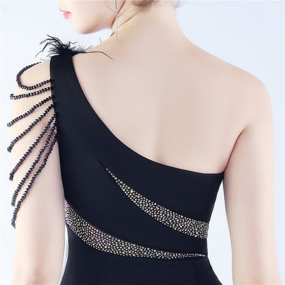 Fur Slant Neck One Shoulder Formal Dress