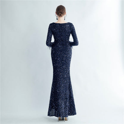 Split Long Sleeve Sequin Formal Dress