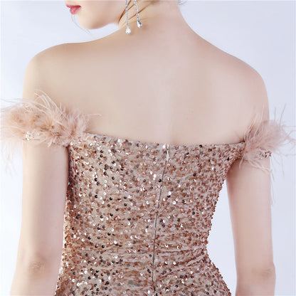 Fur One Shoulder Formal Dress