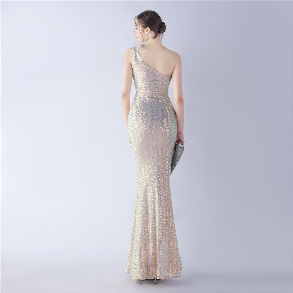 Ostrich Fur One-Shoulder Slant Neck Beaded Maxi Formal Dress