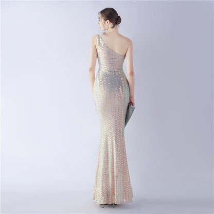 Ostrich Fur One-Shoulder Slant Neck Beaded Maxi Formal Dress