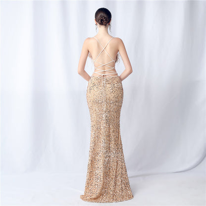 Velvet-backed hand-beaded formal dress