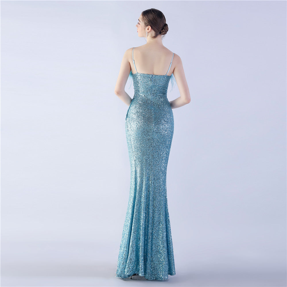 Ostrich Beaded Side Split Formal Dress