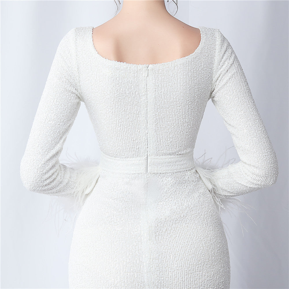 Ostrich Fur Long Sleeve Formal Dress