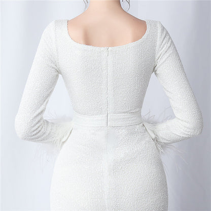 Ostrich Fur Long Sleeve Formal Dress