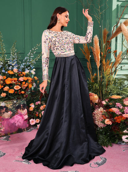 Formal A-Line Satin Panel Black Ball Gown