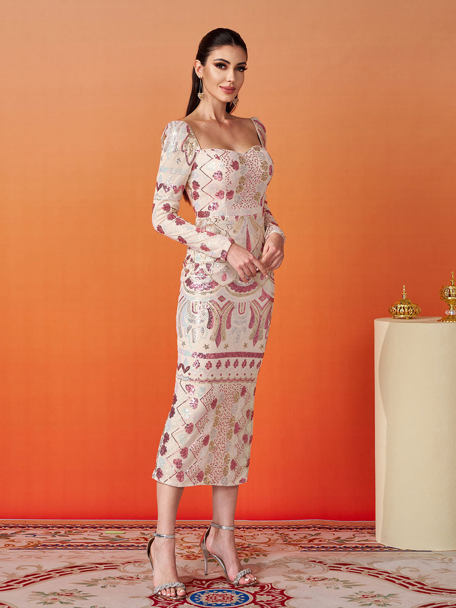 Square Neck Long Sleeve Split Sequin Dress