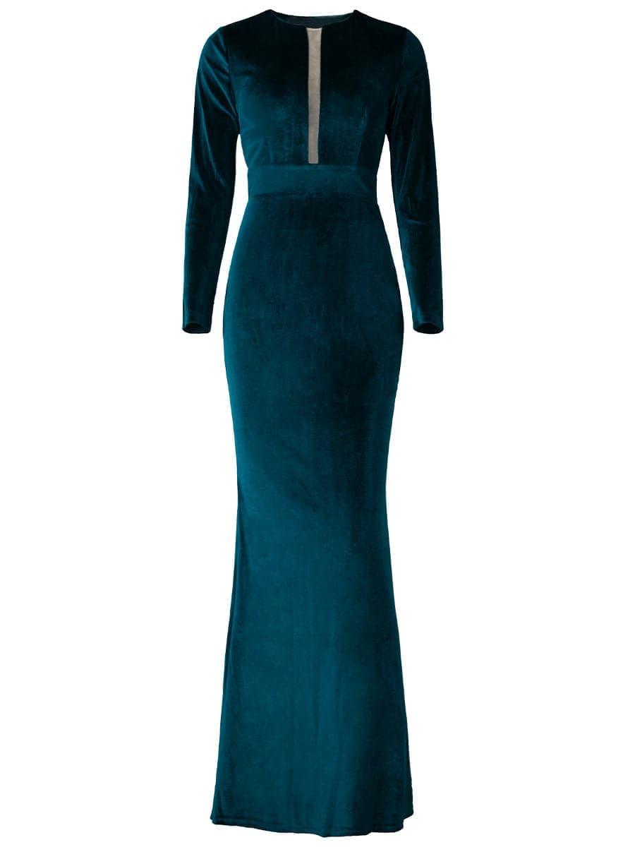 Long Sleeve Velvet Green Evening Dress