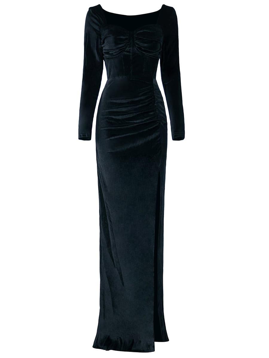 Sweetheart Split Thigh Maxi Black Velvet Prom Dress