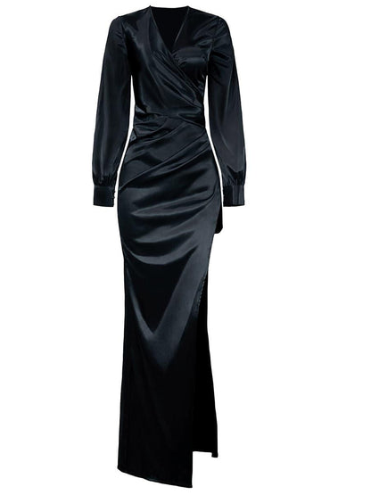 Surplice Neck Split Satin Prom Dress