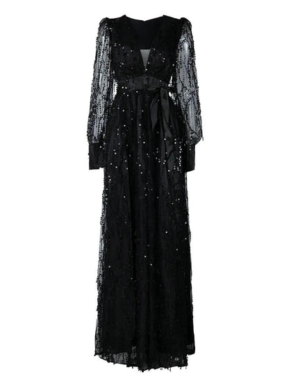 Sequin Fringed Bowknot Prom Dress