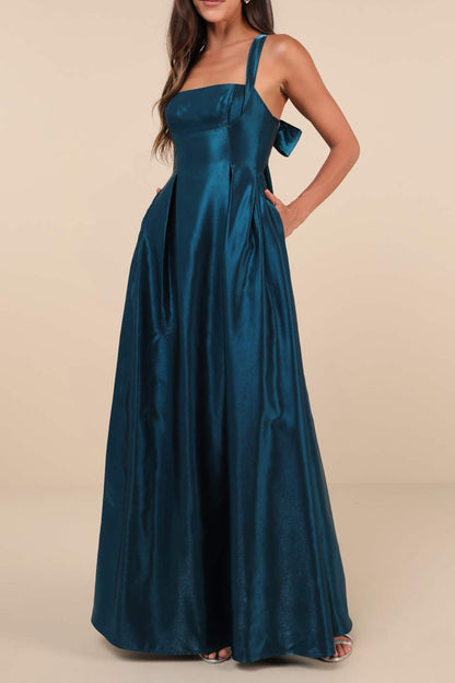 Aura Shiny Dark Teal Taffeta Maxi Dress With Pockets