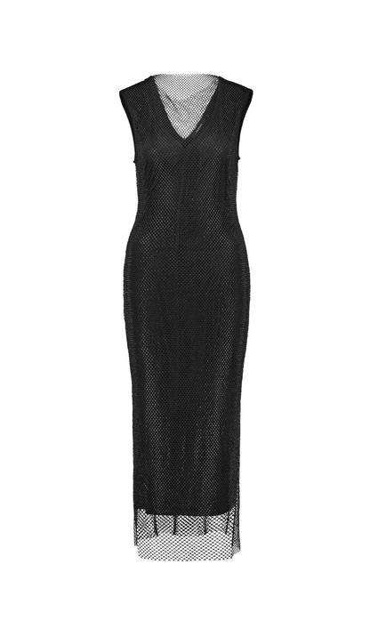 sleeveless mesh shift midi dress in black