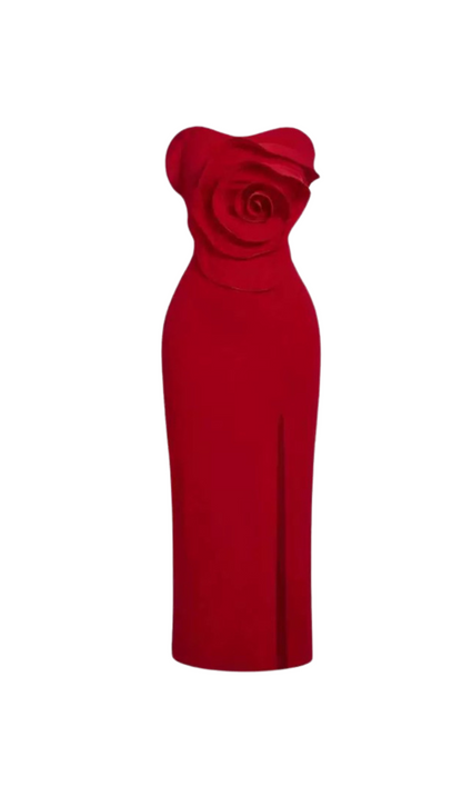 michelle 3d flower strapless midi dress in red