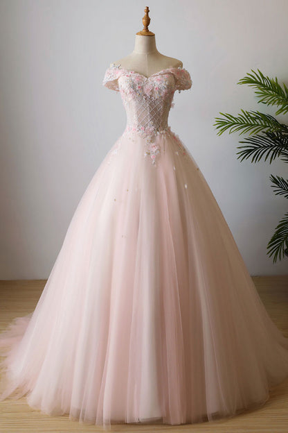 Pink off shoulder tulle lace dress