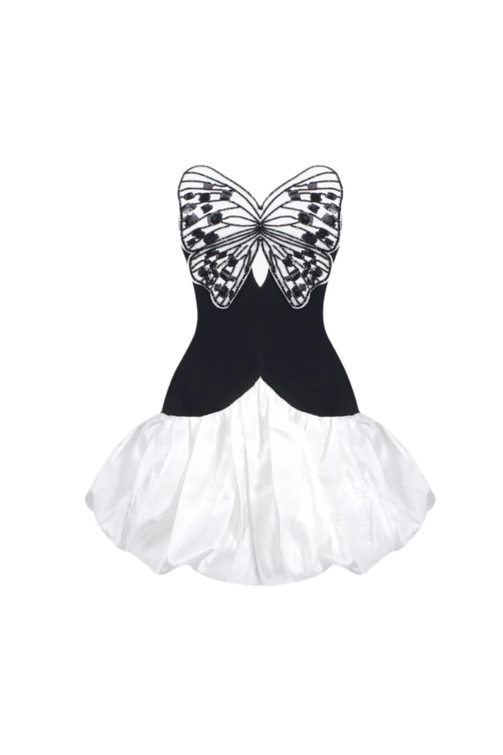 Butterfly Embroidered Bodice Puffball mini Dress in black