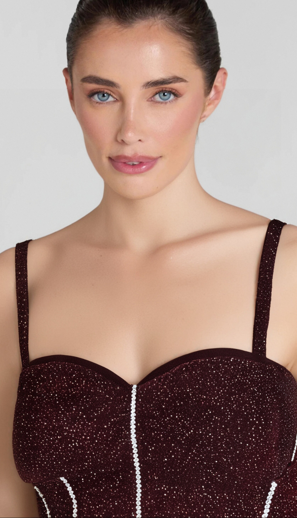 RUCHED BUST RHINESTONE MESH CAMI DRESS