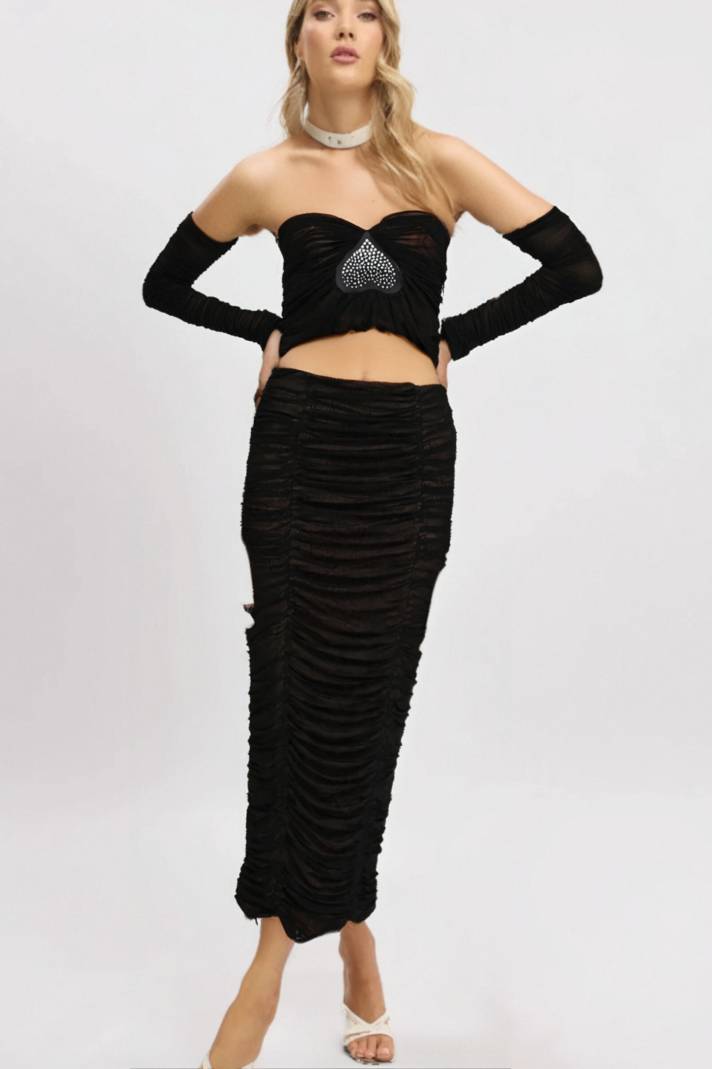 Gwenonwy black ruched mesh top & skirt matching set