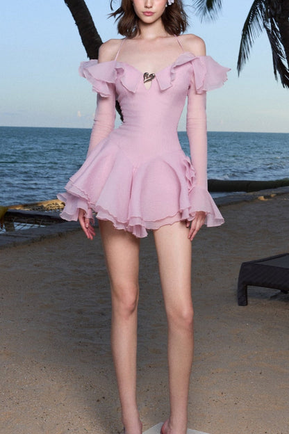 RUFFLED HALTER MINI DRESS IN PINK