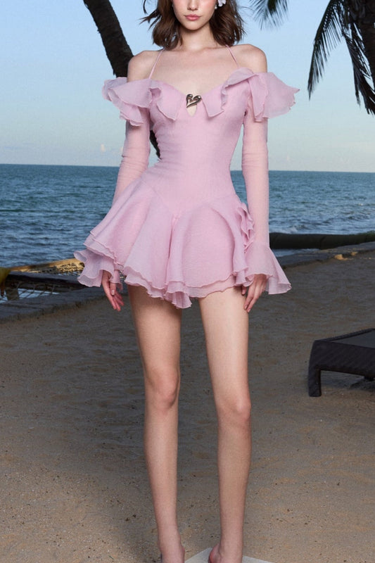 RUFFLED HALTER MINI DRESS IN PINK