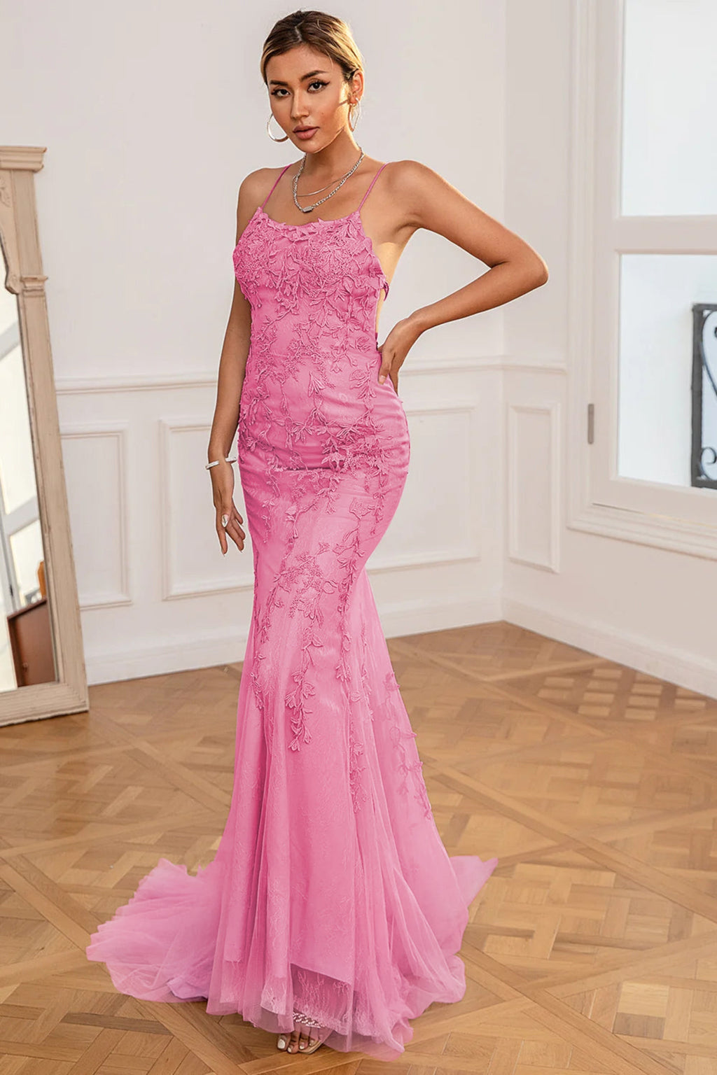Appliques Mermaid Maxi Dress In Pink