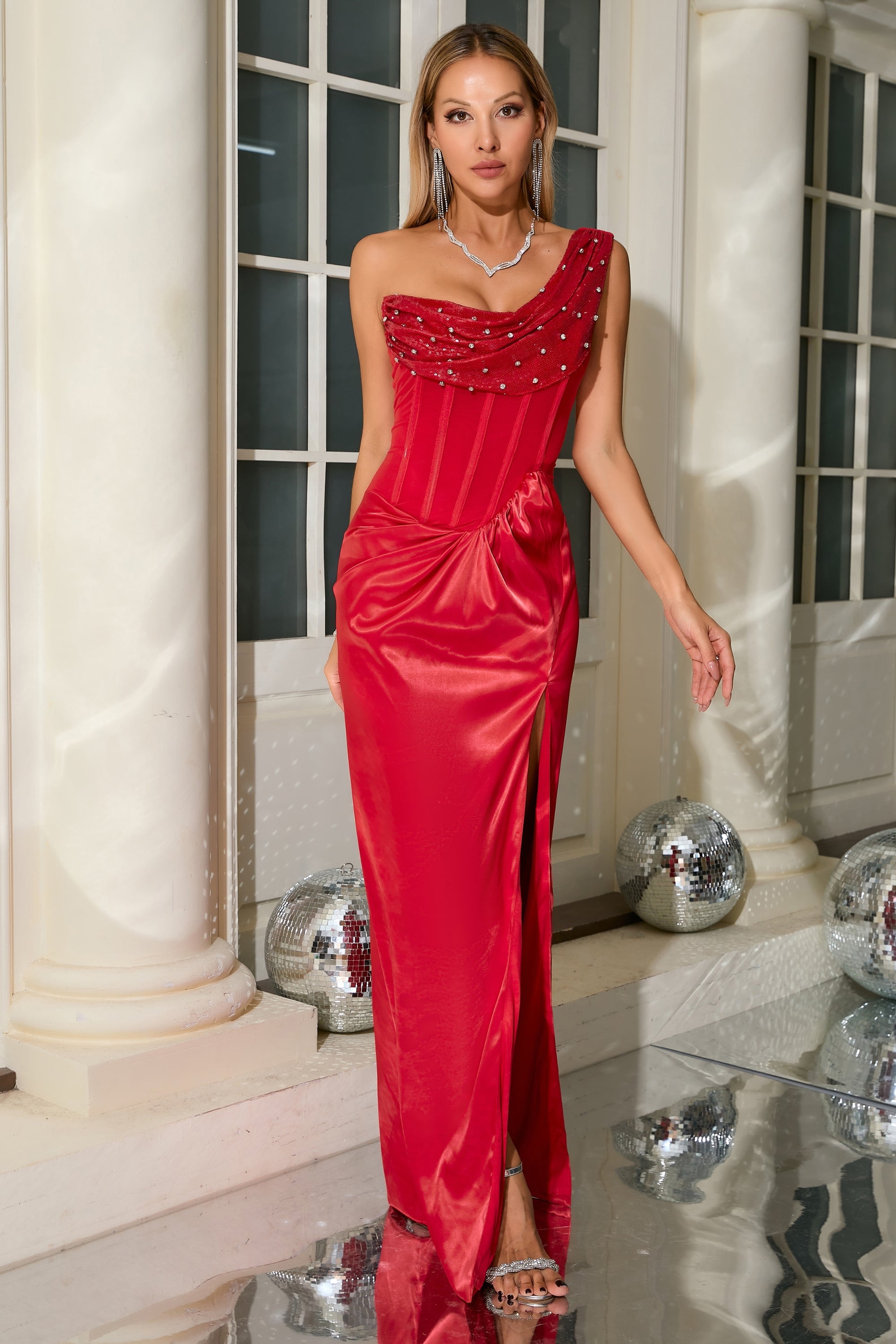 rhinestone embellished one shoulder maxi dress in red