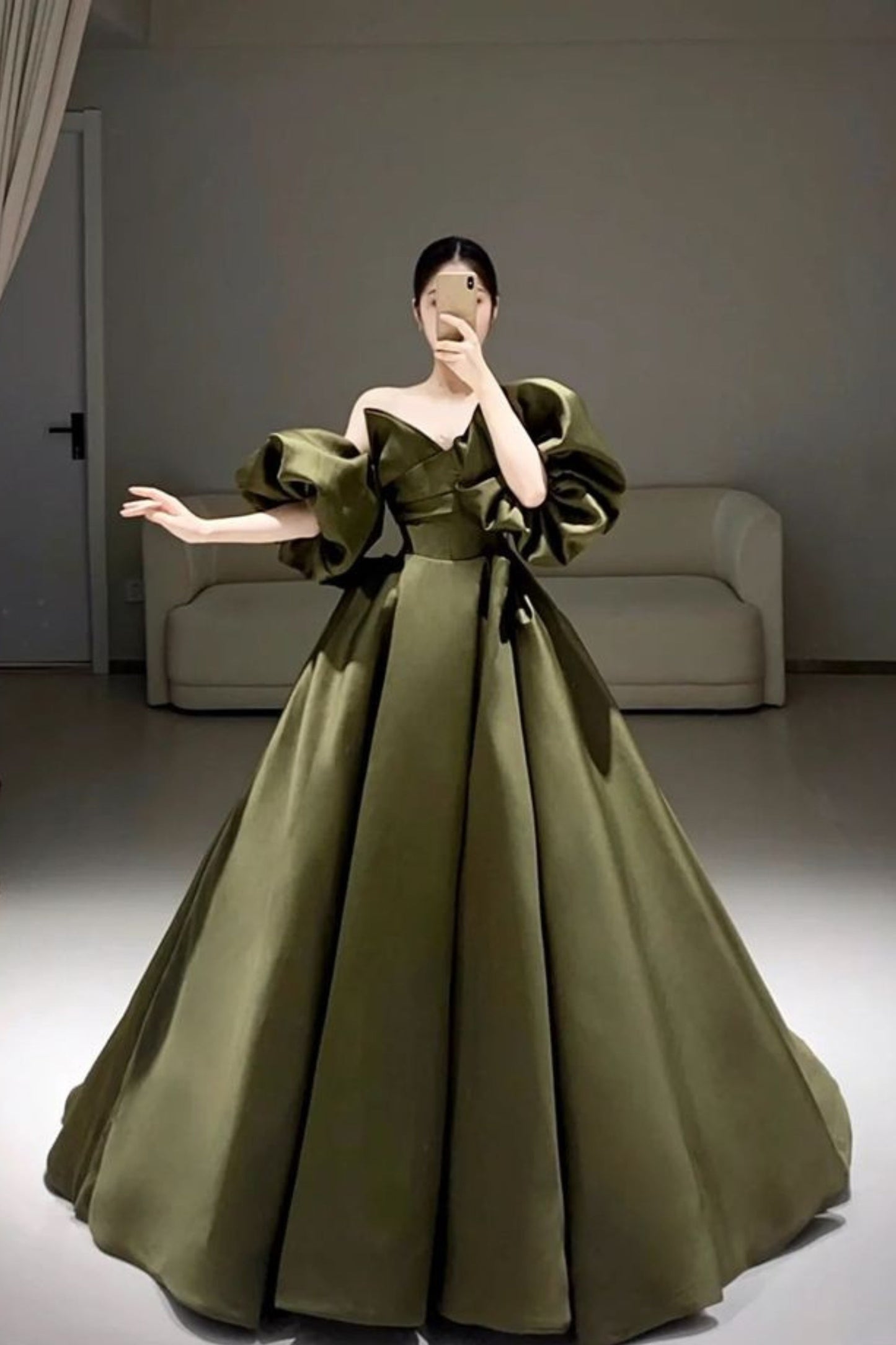 A-Line Puff Sleeves Olive Green Satin Prom Dress