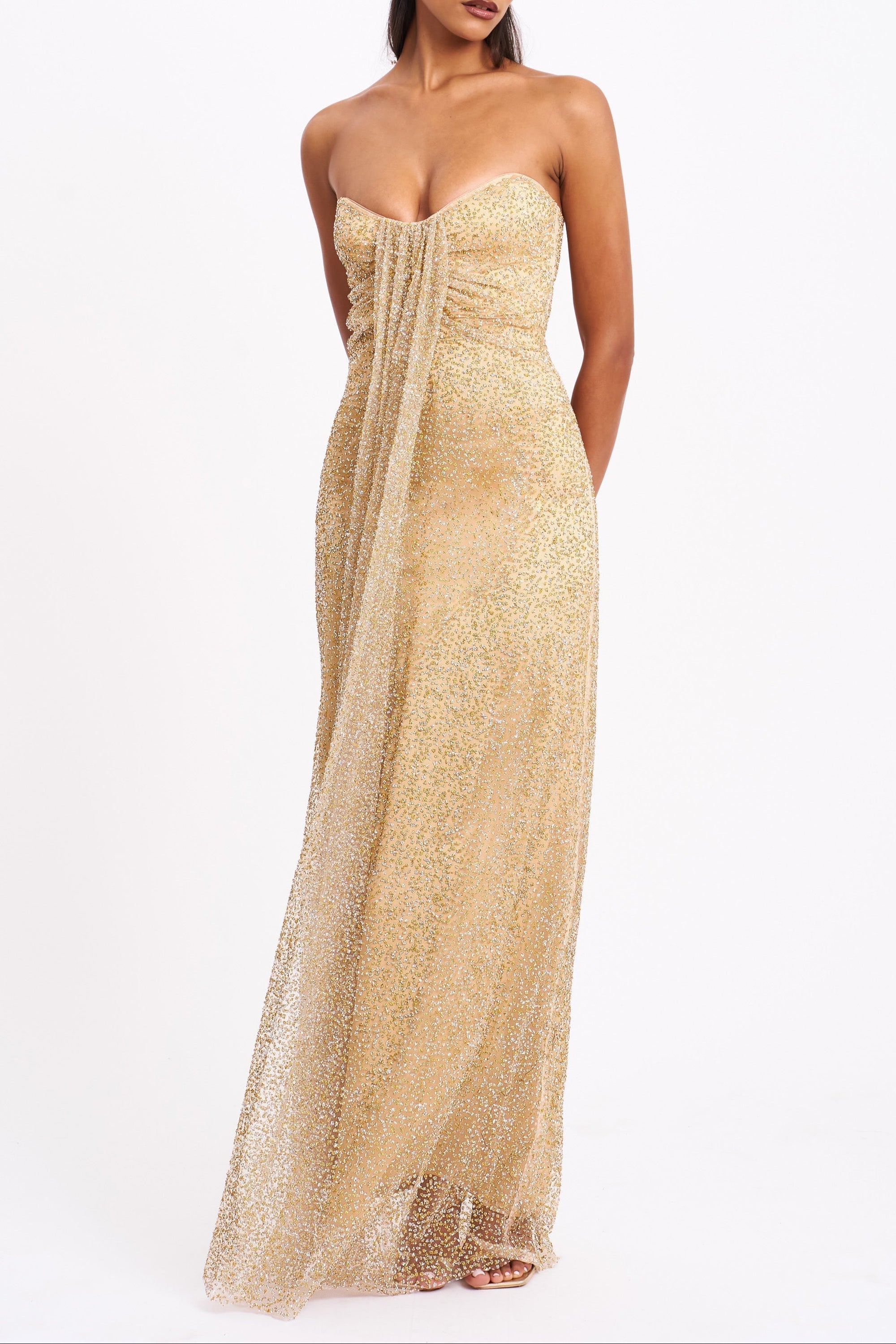 Ada Gold Rhinestone Embellished Strapless Gown with Head Scarf