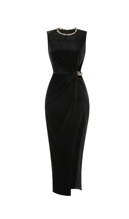 velvet crystal embellished maxi dress in black