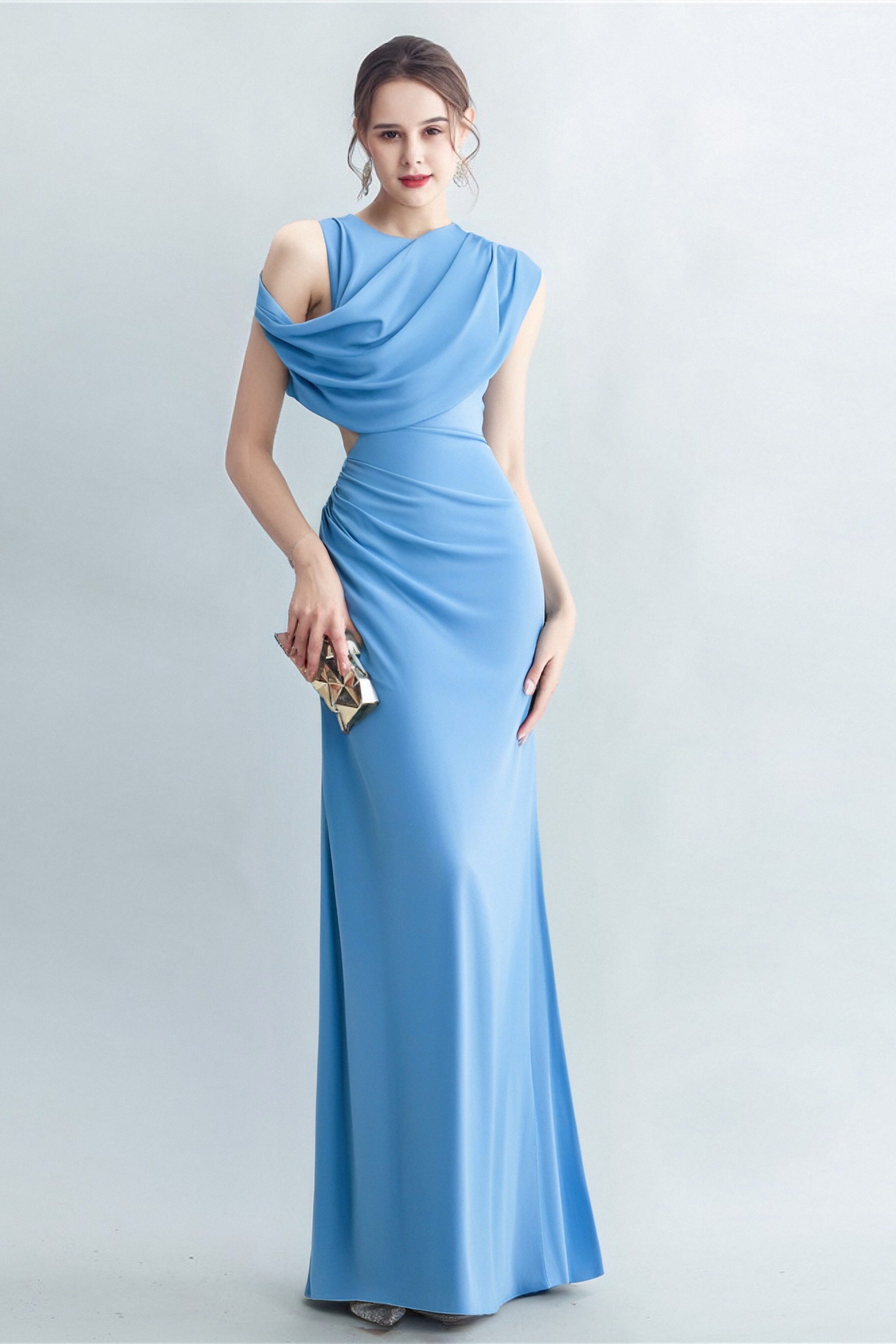 CASI SIDE-SLIT DRAPED JERSEY GOWN IN BLUE