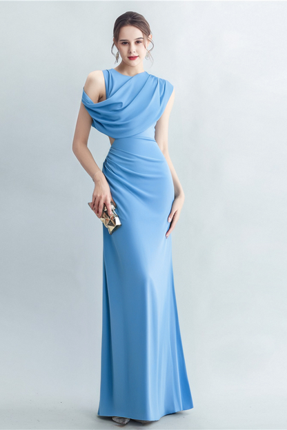 CASI SIDE-SLIT DRAPED JERSEY GOWN IN BLUE