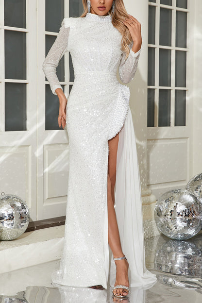 YVETTE PEARL EMBELLISHED SEQUIN MAXI DRESS IN WHITE