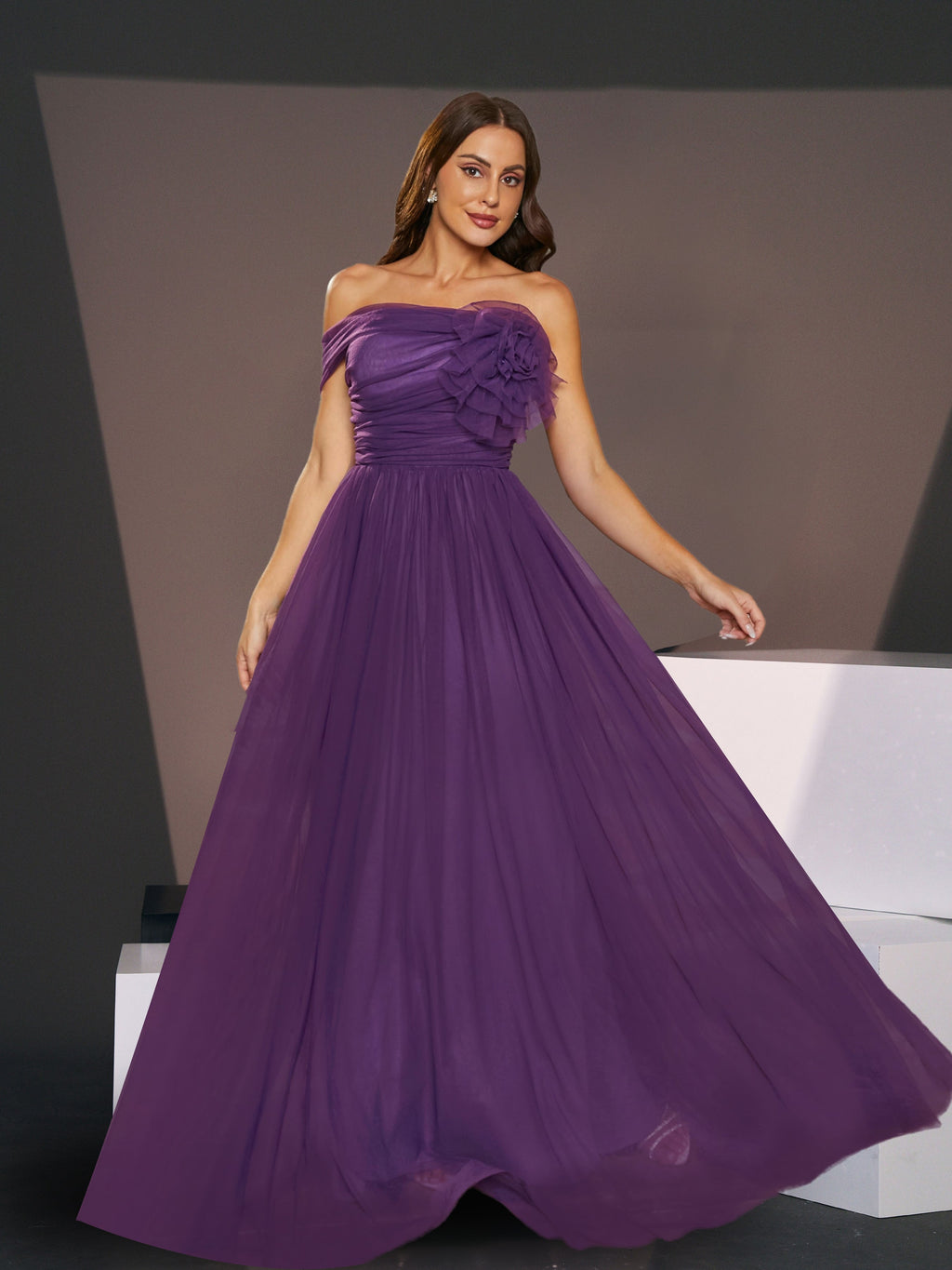 Off Shoulder Pleated A-Line Purple Tulle Bridesmaid Dress