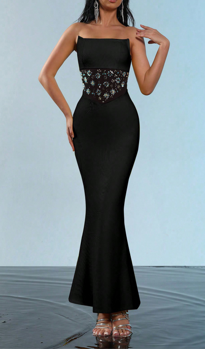 mesh splice rhinestone decor black maxi bandage dress